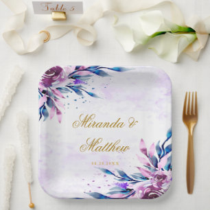 Assiettes En Carton Élégant violet et or Mariage de pivoines botanique