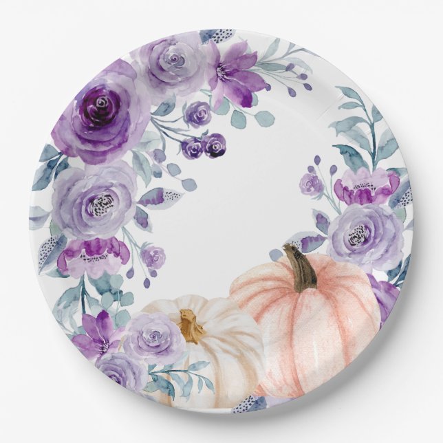 Assiettes En Carton Elégant violet violet Citrouille floral Aquarelle (Devant)