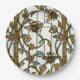Assiettes En Carton Élégant vitrail botanique art nouveau abeille