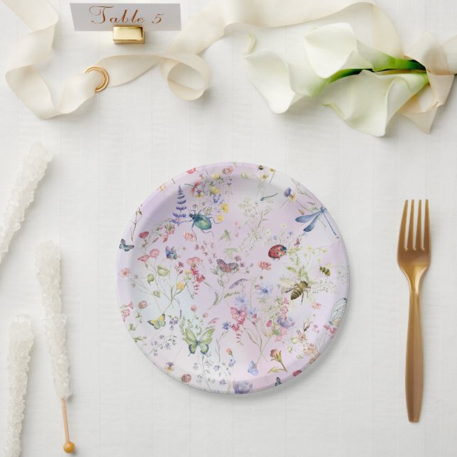 Assiettes En Carton Élégant Whimsical Wildflower rose (Mariage)
