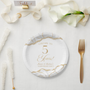 Assiettes En Carton Elégant White Gold Agate 5e anniversaire fête