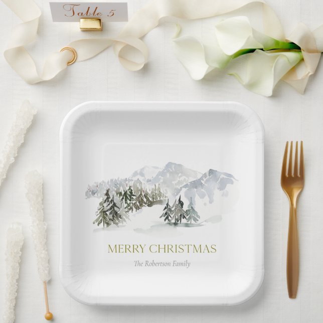 Assiettes En Carton Elegant Winter Mountain Christmas (Mariage)