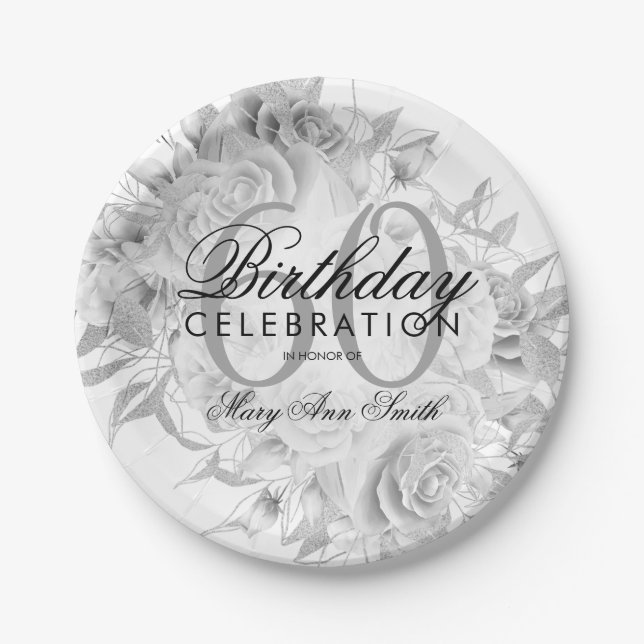 Assiettes En Carton Élégante 60e fête d'anniversaire Floral Argent Bla (Devant)