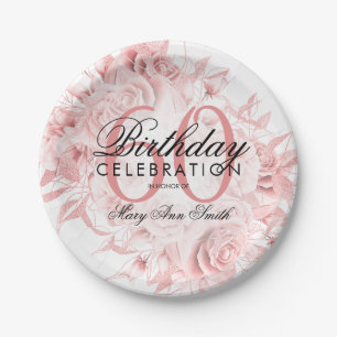 Assiettes En Carton Élégante 60e fête d'anniversaire Floral Rose Gold