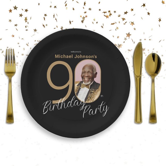 Assiettes En Carton Elégante 90e anniversaire Black Gold Photo personn (Elegant 90th Birthday Black Gold Custom Photo Paper Plates)