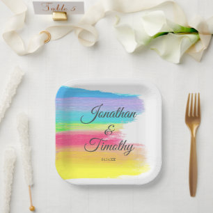 Assiettes En Carton Elégante Aquarelle arc-en-ciel moderne Mariage LGB