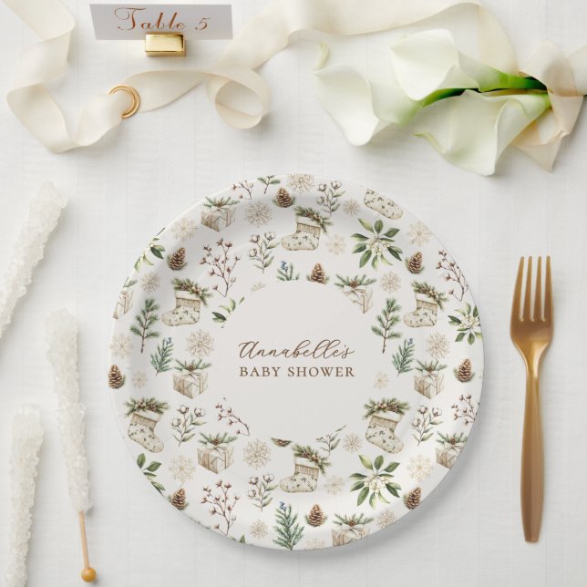 Assiettes En Carton Elégante aquarelle Baby shower de Noël ou d'hiver (Mariage)