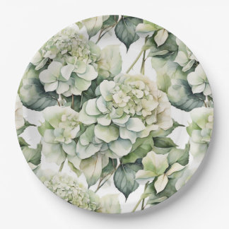 Assiettes En Carton Elégante aquarelle blanche vert hydrangée florale