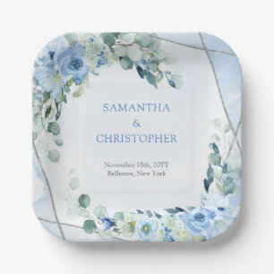 Assiettes En Carton Elégante aquarelle bleu poussiéreux cadre floral a