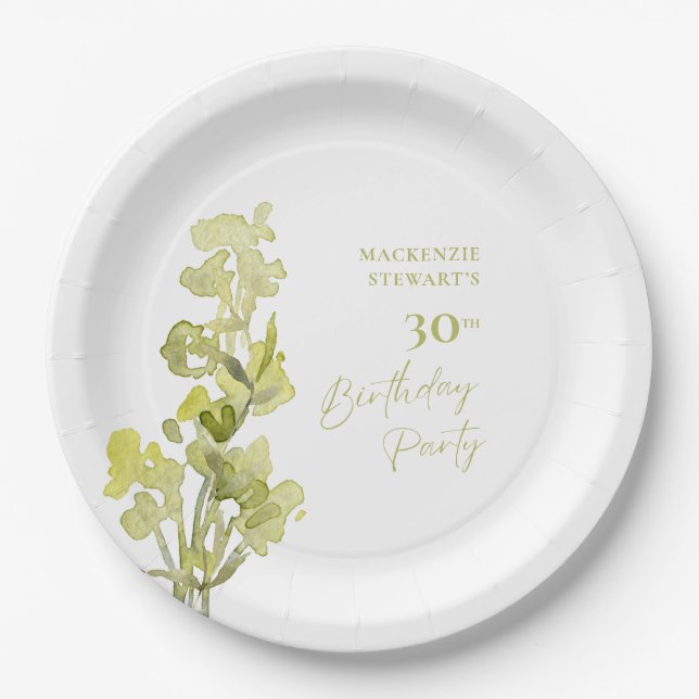 Assiettes En Carton Elégante Aquarelle Botanique Verte 30e anniversair (Devant)