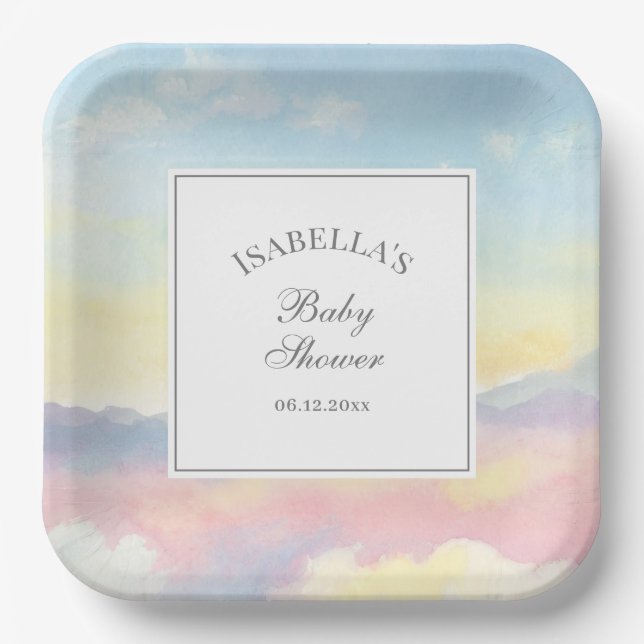 Assiettes En Carton Elégante aquarelle Ciel et Baby shower nuages (Recto)