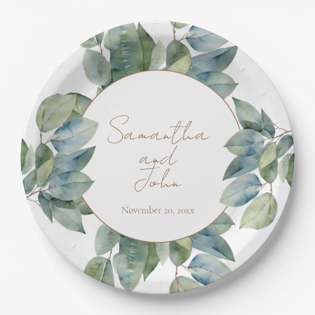 Assiettes En Carton Elégante aquarelle eucalyptus botanique (Devant)