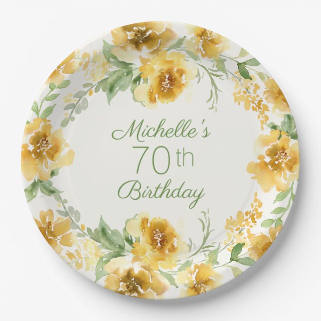 Assiettes En Carton Elégante aquarelle jaune florale 70e anniversaire  (Devant)