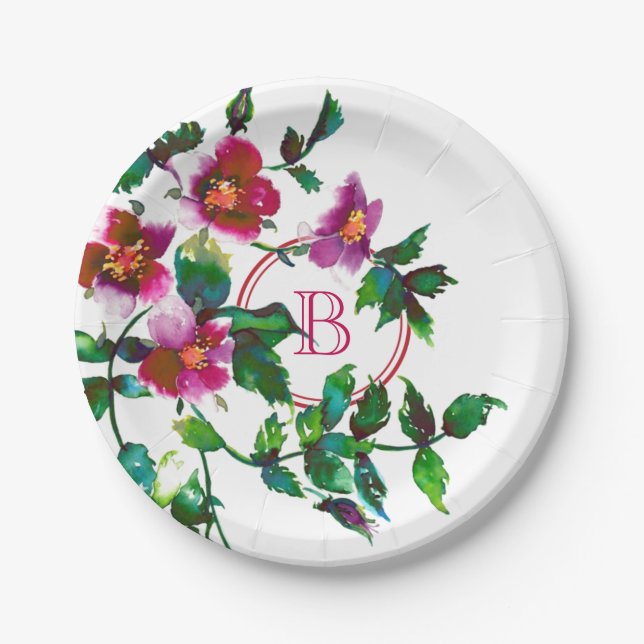 Assiettes En Carton Elégante aquarelle moderne fleur sauvage rose fonc (Devant)