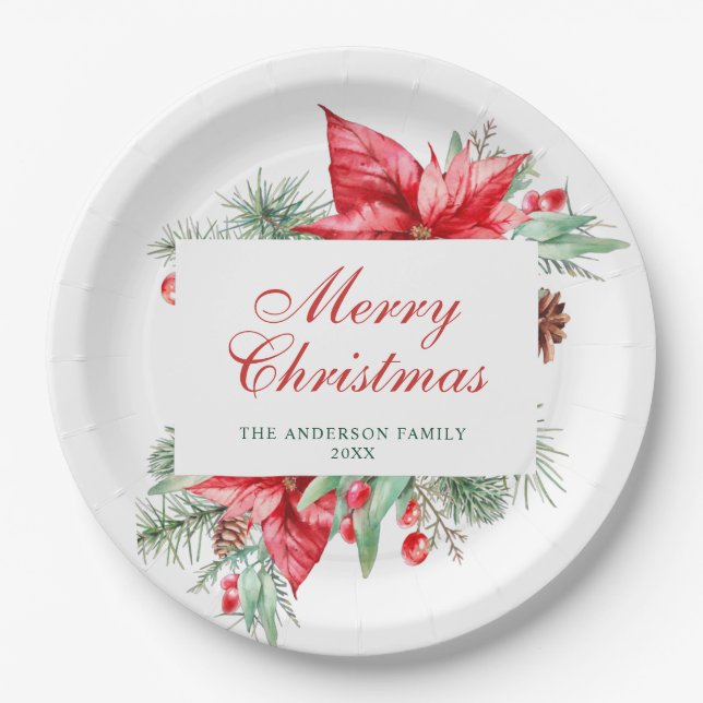 Assiettes En Carton Elégante aquarelle Poinsettia Noël (Devant)