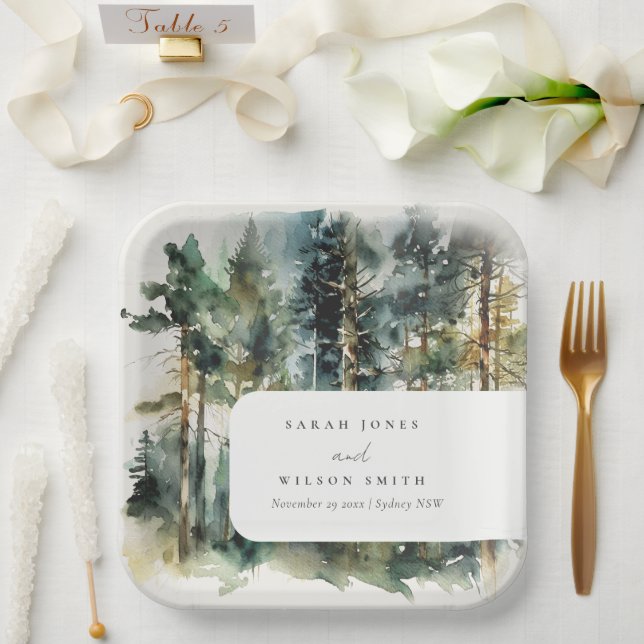 Assiettes En Carton Elégante aquarelle verte Mariage forestier (Mariage)