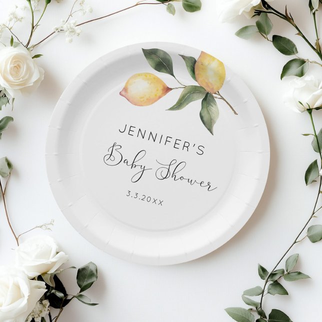 Assiettes En Carton Élégante baby shower aquarelle citron (Créateur téléchargé)