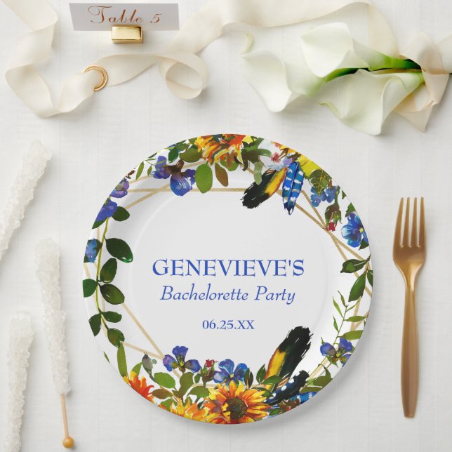 Assiettes En Carton Élégante Bachelorette Florale Boho Bleu (Mariage)
