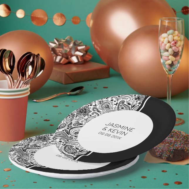 Assiettes En Carton Elégante baie Noire sur écran blanc et blanc fract (Multi)