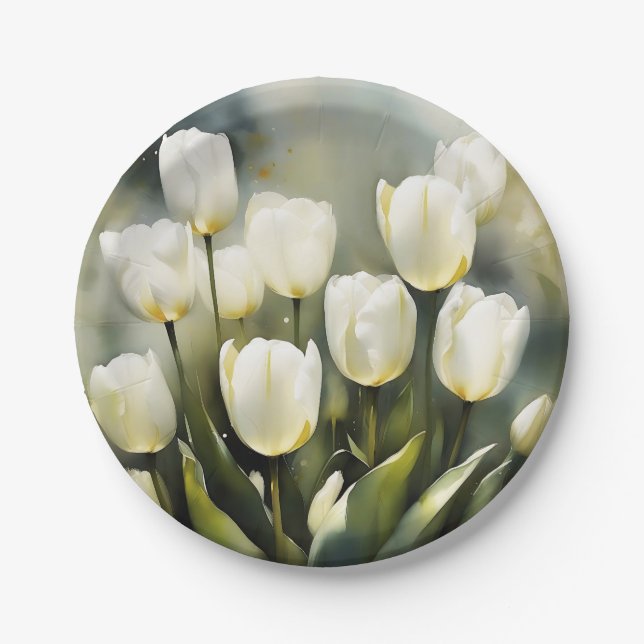 Assiettes En Carton Élégante bande de tulipes blanches dans un jardin  (Devant)