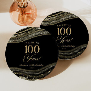 Assiettes En Carton Elégante Black Gold Agate 100e fête d'anniversaire