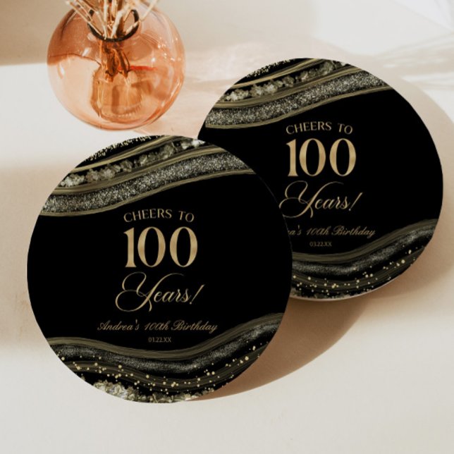 Assiettes En Carton Elégante Black Gold Agate 100e fête d'anniversaire (Créateur téléchargé)