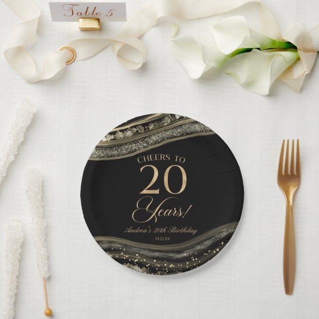 Assiettes En Carton Elégante Black Gold Agate 20e fête d'anniversaire (Mariage)