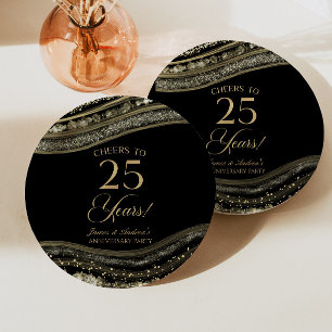 Assiettes En Carton Élégante Black Gold Agate 25e anniversaire fête
