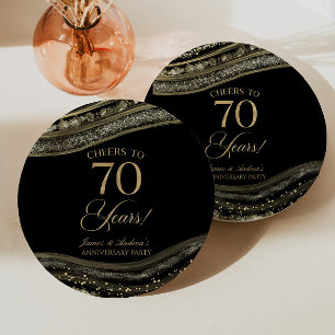 Assiettes En Carton Élégante Black Gold Agate 70e anniversaire fête