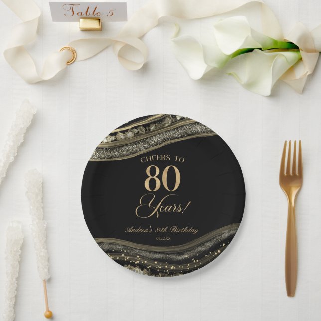 Assiettes En Carton Elégante Black Gold Agate 80e fête d'anniversaire (Mariage)