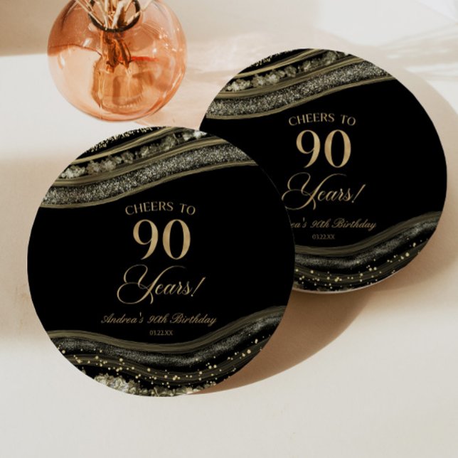 Assiettes En Carton Elégante Black Gold Agate 90e fête d'anniversaire (Créateur téléchargé)