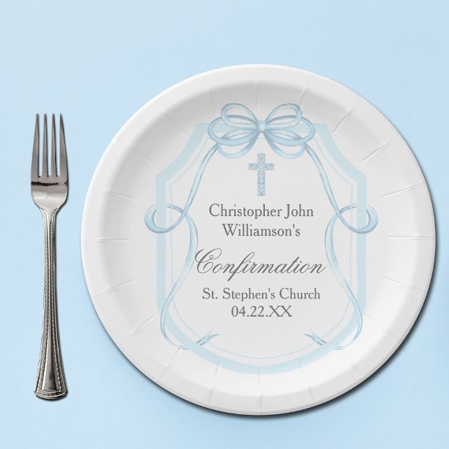 Assiettes En Carton Élégante Bleu Ruban Bow Confirmation Party (Créateur téléchargé)