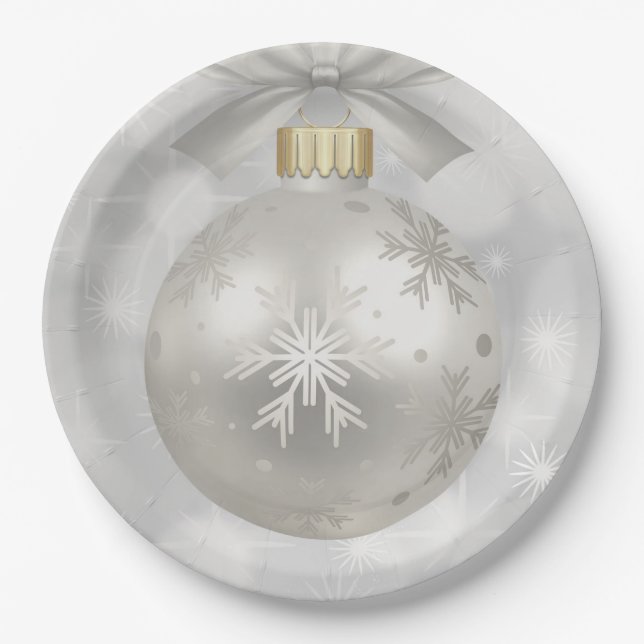 Assiettes En Carton Élégante boule de Noël en argent sur les lumières  (Devant)