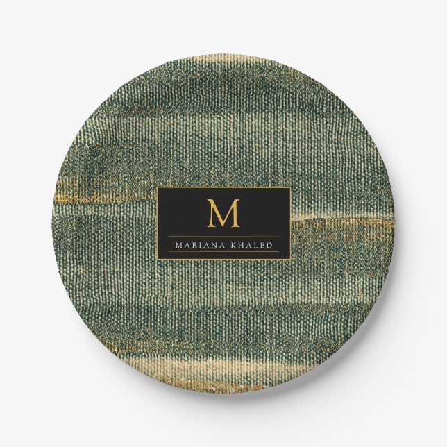 Assiettes En Carton Élégante brosse verte avec or et noir (Devant)