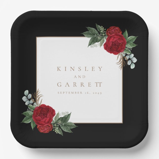 Assiettes En Carton Élégante calligraphie or noir & blanc Mariage (Recto)