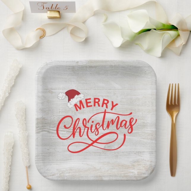 Assiettes En Carton Elégante calligraphie rouge bois rustique avec cha (Mariage)