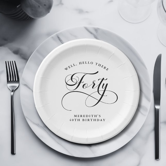 Assiettes En Carton Élégante calligraphie Tourbillonnant fête du 40e a (Elegant Swirly Calligraphy 40th Birthday Party Personalized Paper Plates)