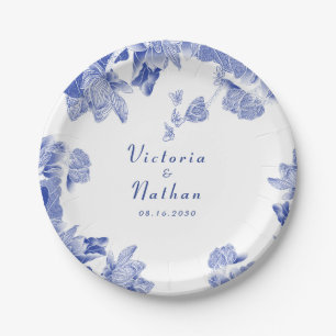 Assiettes En Carton Élégante Chinoiserie Bleue et Blanche Mariage Flor