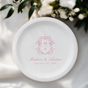 Assiettes En Carton Élégante Chinoiserie rose Monogram Crest Mariage