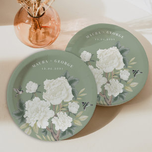 Assiettes En Carton Élégante Chinoiserie Sage Green Floral Bird Mariag