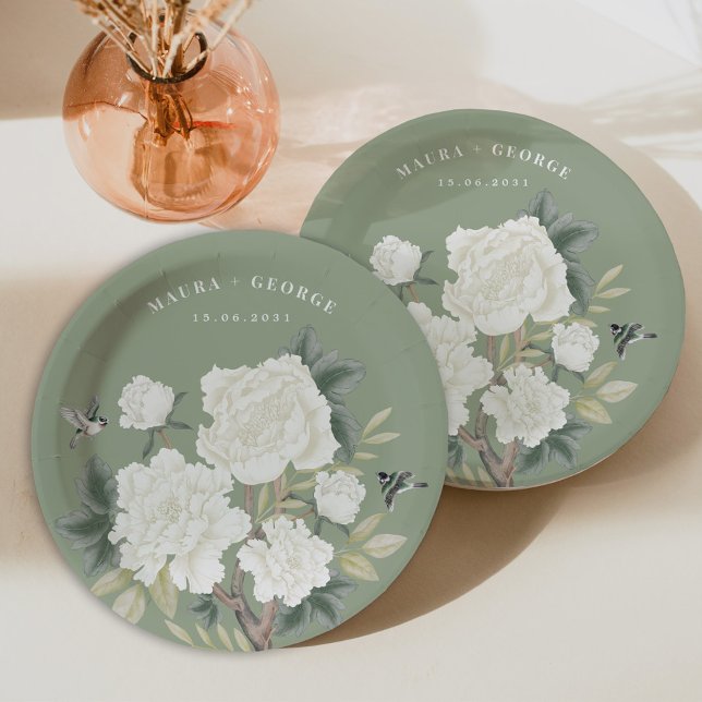 Assiettes En Carton Élégante Chinoiserie Sage Green Floral Bird Mariag (Créateur téléchargé)