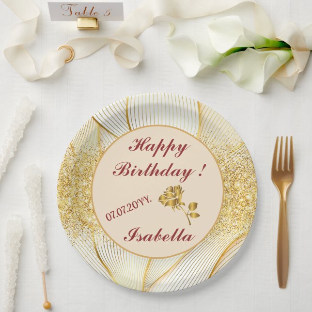 Assiettes En Carton Elégante collection Floral Or Blanc (Mariage)