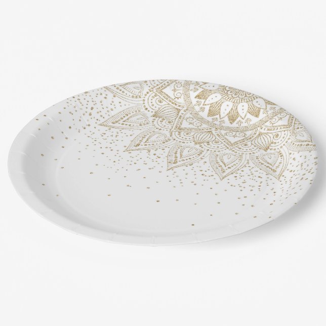 Assiettes En Carton Elégante conception de points Mandala Or (Angle)