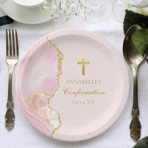 Assiettes En Carton Élégante Confirmation Cross Pink Gold Custom Party