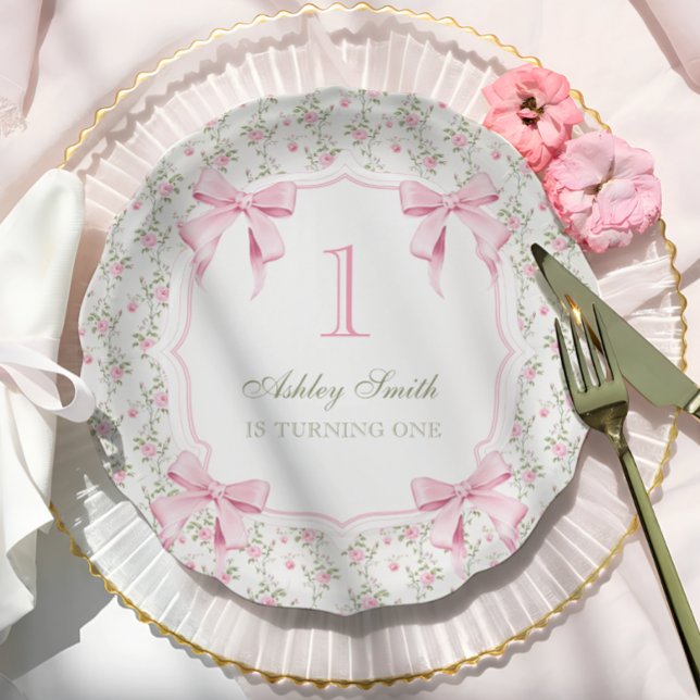 Assiettes En Carton Elégante coquette Bow rose 1er anniversaire (Créateur téléchargé)