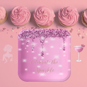 Assiettes En Carton Élégante coulée de paillettes rose chaud