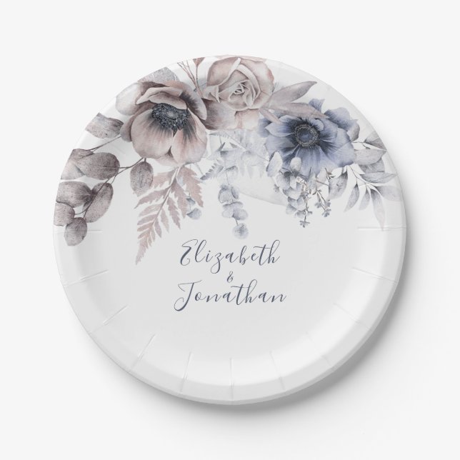 Assiettes En Carton Elégante couleur bleu-beige floral (Devant)