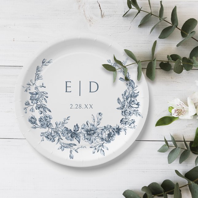 Assiettes En Carton Élégante couronne florale Bleue gravée avec Monogr (Créateur téléchargé)