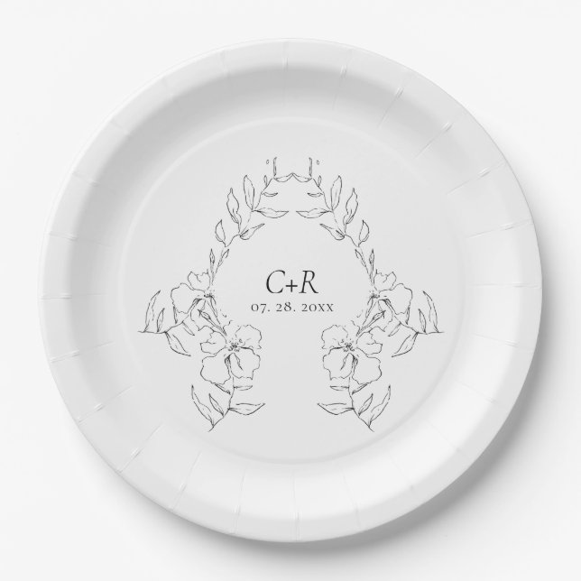 Assiettes En Carton Élégante couronne florale noire/blanche moderne (Devant)