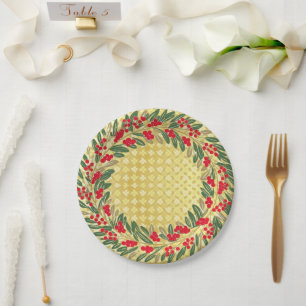 Assiettes En Carton Elégante couronne rouge Holly Berries or de Noël